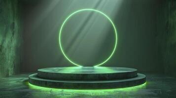 Green neon circle on a pedestal in a dark room photo