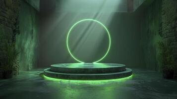 An empty room with a green circle on the floor photo