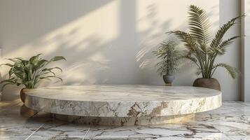 A marble coffee table in front of a large window photo