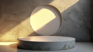 A white round mirror on a concrete floor photo