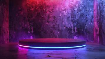 A neon light on a round table in a dark room photo