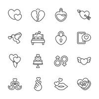 A set of black and white icons that include hearts, a bird, a cake, a key vector