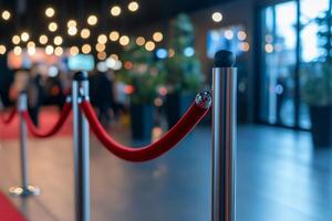 Red rope barriers and red carpet at an event photo