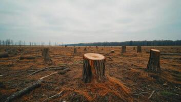 A field with trees and logs in the middle of it photo