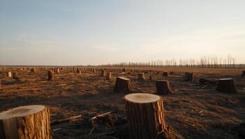 A field with many trees cut down and a sky in the background photo