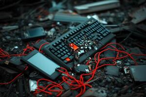 A keyboard and mouse are sitting on top of a pile of junk photo