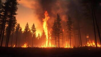 A forest fire is burning in the middle of a forest photo
