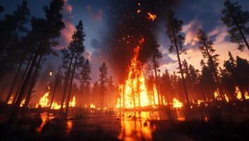 A forest fire is burning in the middle of a forest photo