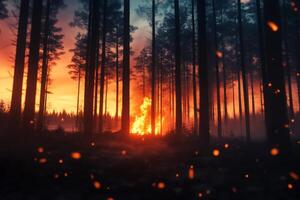 A forest fire is seen in the middle of a dark forest photo