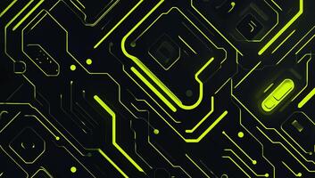 Abstract circuit board design with glowing green lines on a dark background. photo