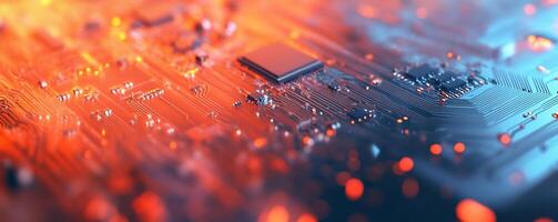 A close-up view of a circuit board with glowing elements. photo