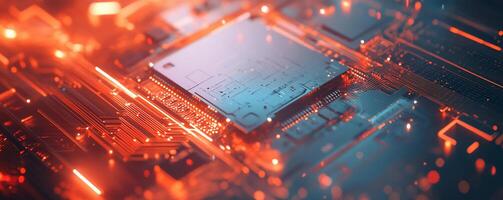 A close-up view of a microchip on a circuit board with glowing elements. photo