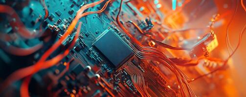 Close-up view of a circuit board with intricate wiring and components. photo