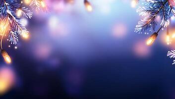A festive background with twinkling lights and frosty branches. photo