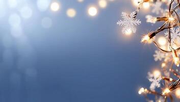 A festive background with snowflakes and twinkling lights. photo