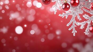A festive background with red ornaments and sparkling bokeh lights. photo