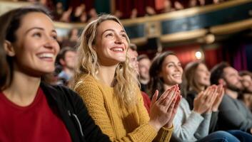 Audience enjoying a performance, clapping and smiling in a theater. photo