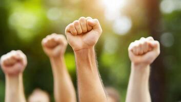 A group of raised fists symbolizing unity and resistance in nature. photo