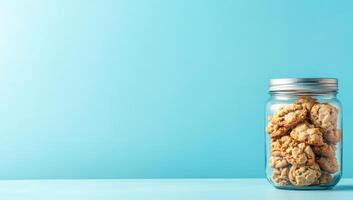 A jar filled with cookies against a light blue background. photo