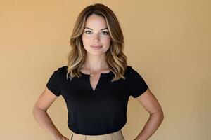 A confident individual posing against a warm background. photo