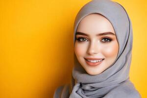 A smiling woman in a gray hijab against a bright yellow background. photo