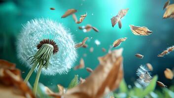 A dandelion surrounded by floating seeds and leaves in a serene setting. photo