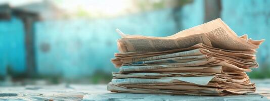 A stack of old newspapers resting on a surface with a blurred background. photo