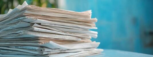 A stack of papers on a table, suggesting organization or documentation. photo
