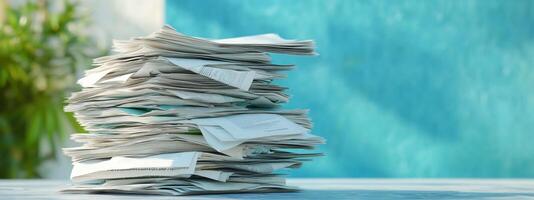 A stack of papers on a table, suggesting organization or clutter. photo