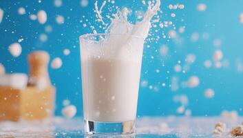 A glass of milk splashes, creating an energetic and playful scene. photo