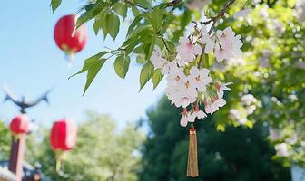 Cherry blossoms with decorative lanterns in a serene outdoor setting. photo