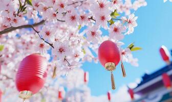 Red lanterns hanging from a tree with a blue sky photo
