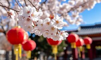 Cherry blossoms in bloom with red lanterns in a festive setting. photo