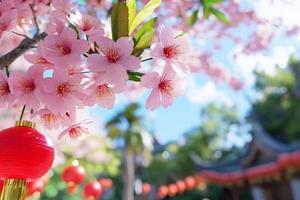 Cherry blossoms in bloom with red lanterns, evoking a festive atmosphere. photo