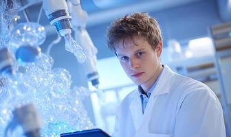 A young scientist working in a lab with bubbles and technology. photo