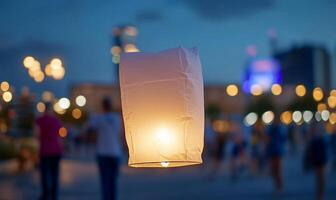 A glowing lantern floats above a bustling evening crowd. photo