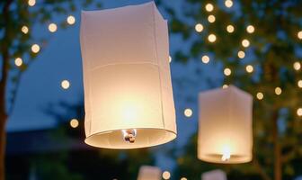 Lanterns glowing softly in a twilight setting, creating a festive ambiance. photo