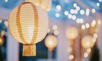 Softly glowing lanterns create a warm ambiance in a decorated space. photo