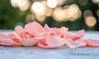 A close-up of pink rose petals scattered on a surface with a blurred background. photo