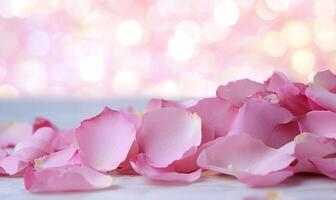 A close-up of pink rose petals scattered on a surface with a soft background. photo