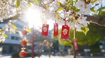 Cherry blossom tree with red tags and lanterns, symbolizing wishes. photo