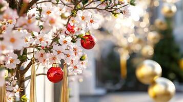 A festive scene featuring a flowering tree adorned with red ornaments. photo