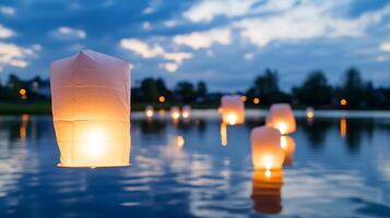 Lanterns floating on water at dusk, creating a serene atmosphere. photo