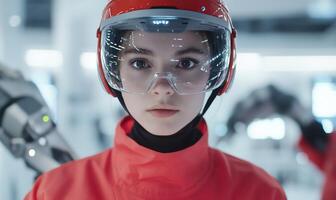 A young person in a red suit and helmet, ready for a technological task. photo