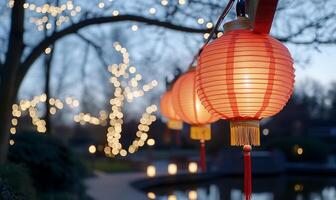 Lanterns illuminate a serene park setting during twilight. photo
