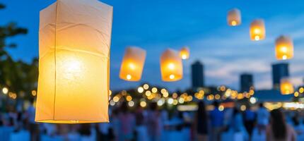 A serene evening scene with glowing lanterns and a festive atmosphere. photo