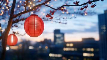 Red lanterns hang from a tree, illuminating a cityscape at dusk. photo