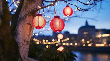 Decorative red lanterns hang from a tree, illuminating the evening scene. photo