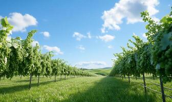 Lush vineyard landscape under a clear blue sky with green grapevines. photo