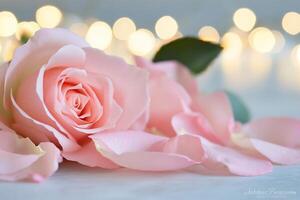 A close-up of a pink rose with petals and a soft, blurred background. photo